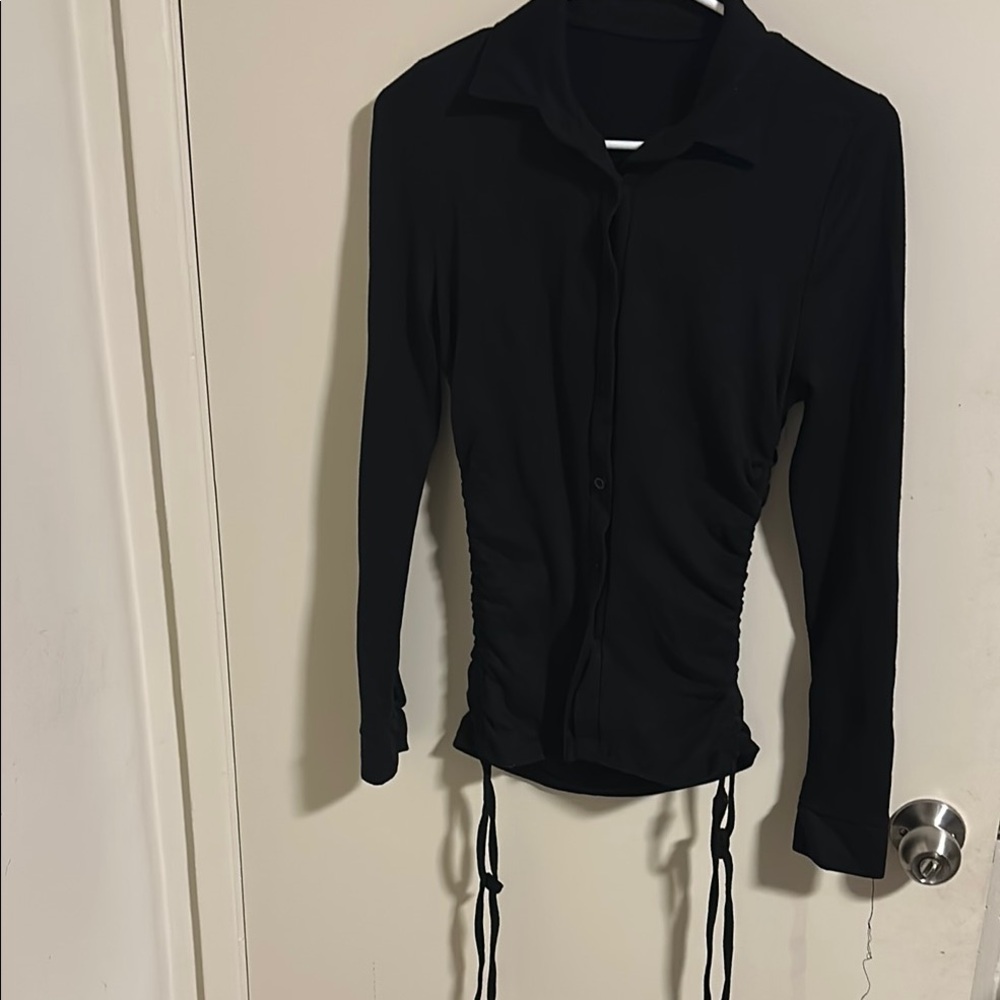 Black Fitted Long Sleeve Button Down Shirt with Ruched Tie Sides
